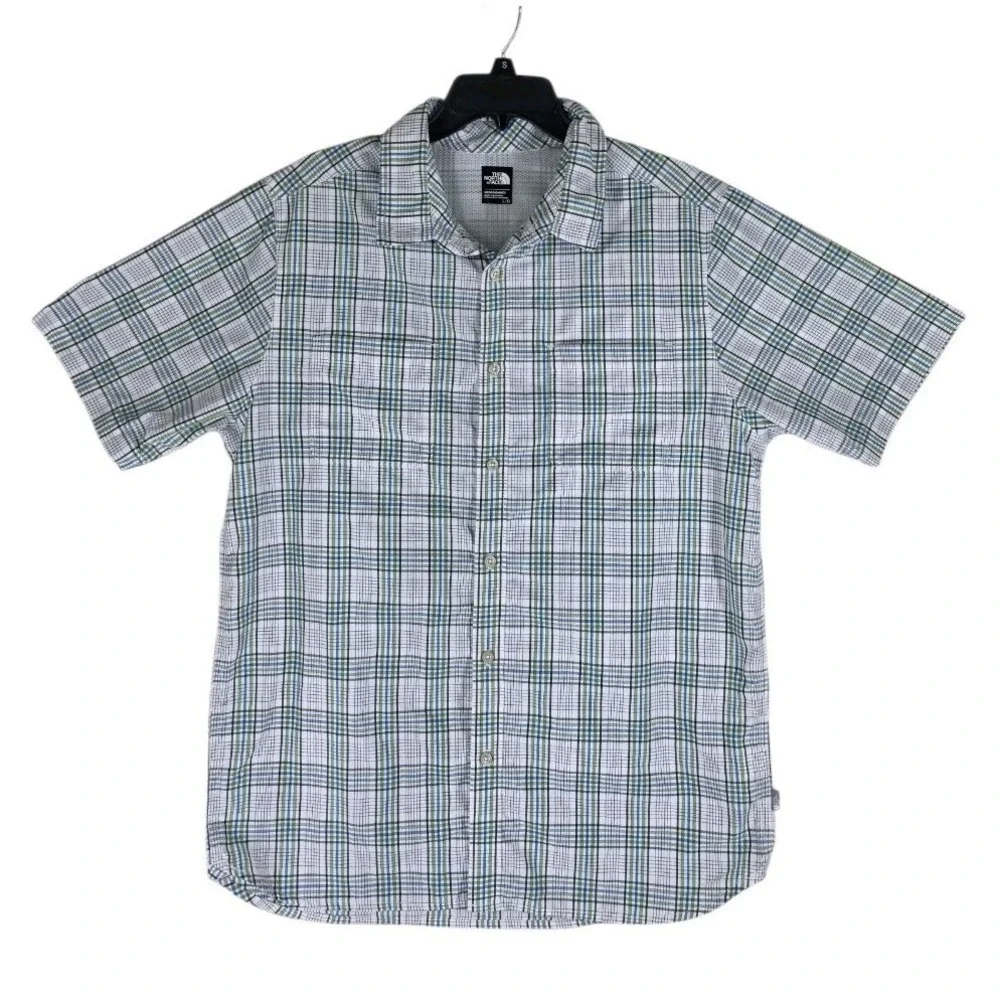 North Face Shirt Mens L Plaid Short Sleeve Button Up Green Blue Outdoor